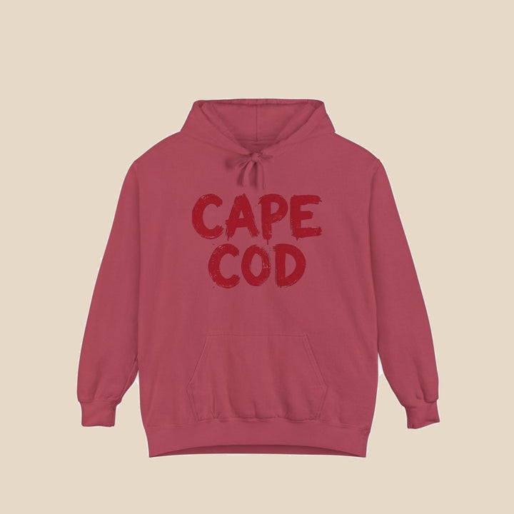Cape Cod hoodie flat lay, view 2 — distressed red text coastal pullover by Five Tides Apparel