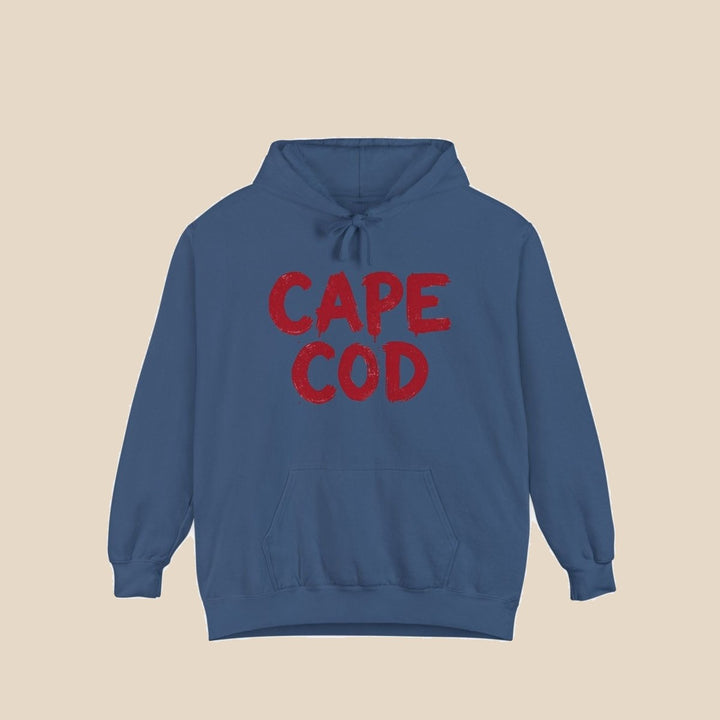 Cape Cod hoodie flat lay, view 3 — distressed red text coastal pullover by Five Tides Apparel