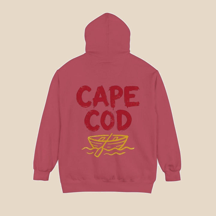 Cape Cod hoodie flat lay, view 4 — distressed red text coastal pullover by Five Tides Apparel