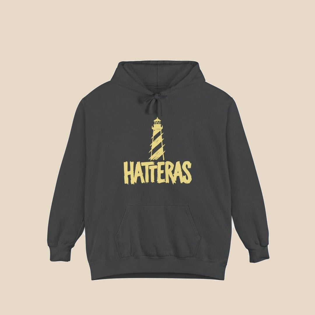 Hatteras Lighthouse hoodie — front view of this coastal graphic pullover by Five Tides Apparel
