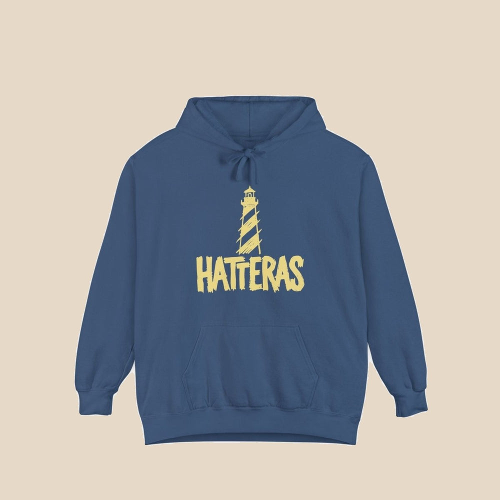 Hatteras Lighthouse hoodie — graphic close-up of this coastal graphic pullover by Five Tides Apparel