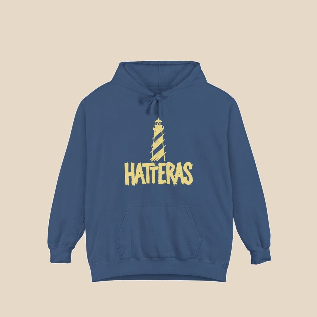 Hatteras Lighthouse hoodie — graphic close-up of this coastal graphic pullover by Five Tides Apparel