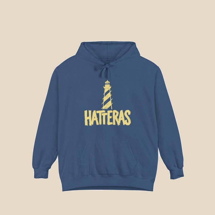 Hatteras Lighthouse hoodie — graphic close-up of this coastal graphic pullover by Five Tides Apparel