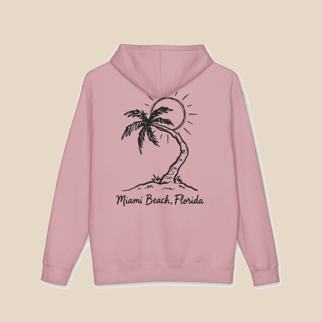 Miami Beach Palm Tree hoodie flat lay, view 3 — coastal sunset graphic pullover by Five Tides Apparel