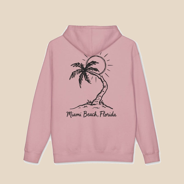 Miami Beach Palm Tree hoodie flat lay, view 3 — coastal sunset graphic pullover by Five Tides Apparel