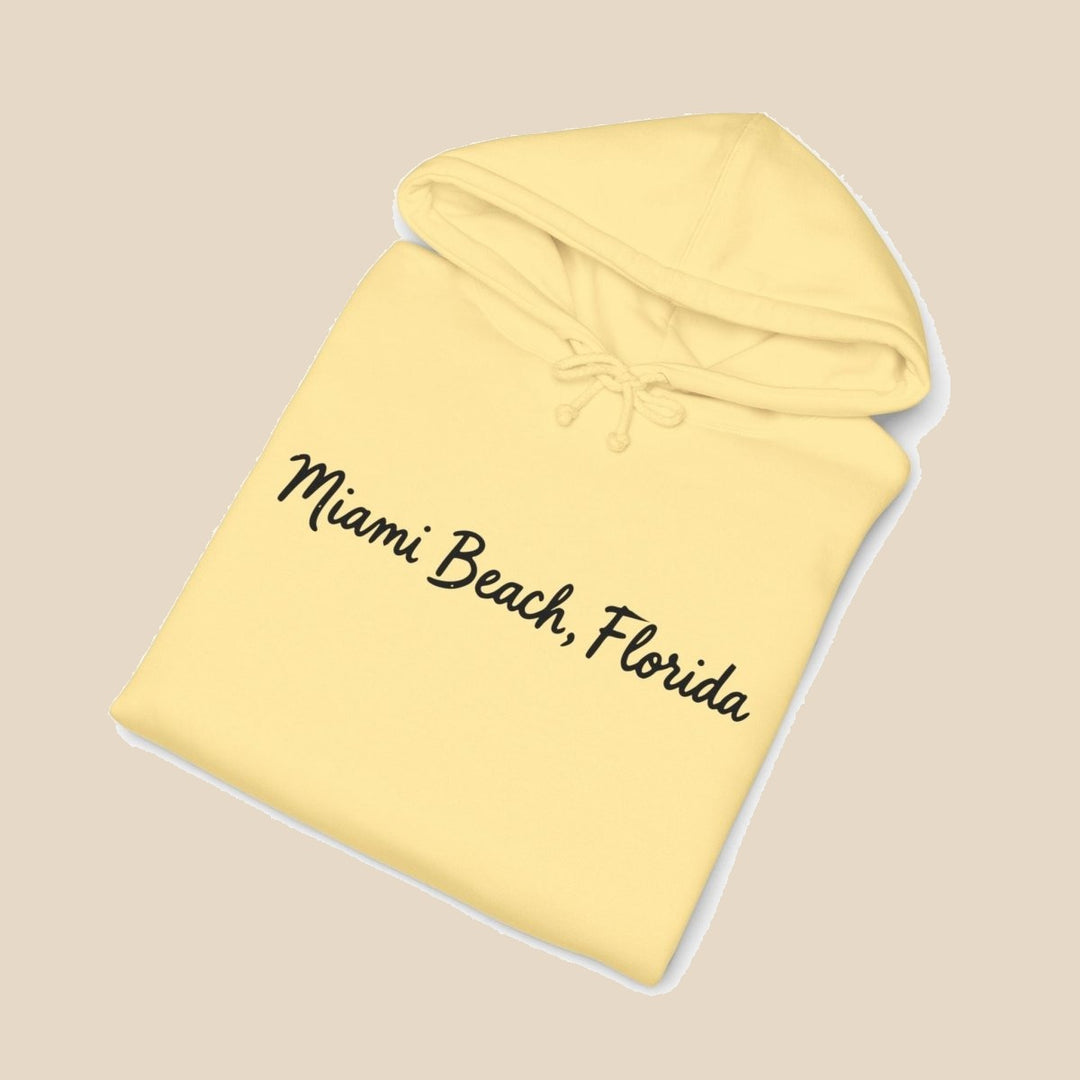 Miami Beach Palm Tree hoodie flat lay, view 4 — coastal sunset graphic pullover by Five Tides Apparel