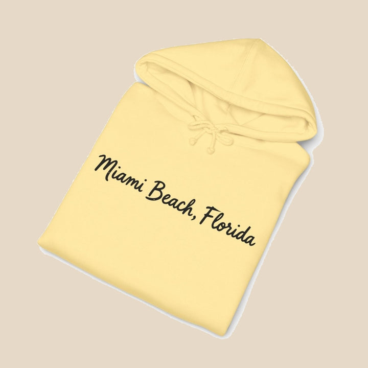 Miami Beach Palm Tree hoodie flat lay, view 4 — coastal sunset graphic pullover by Five Tides Apparel