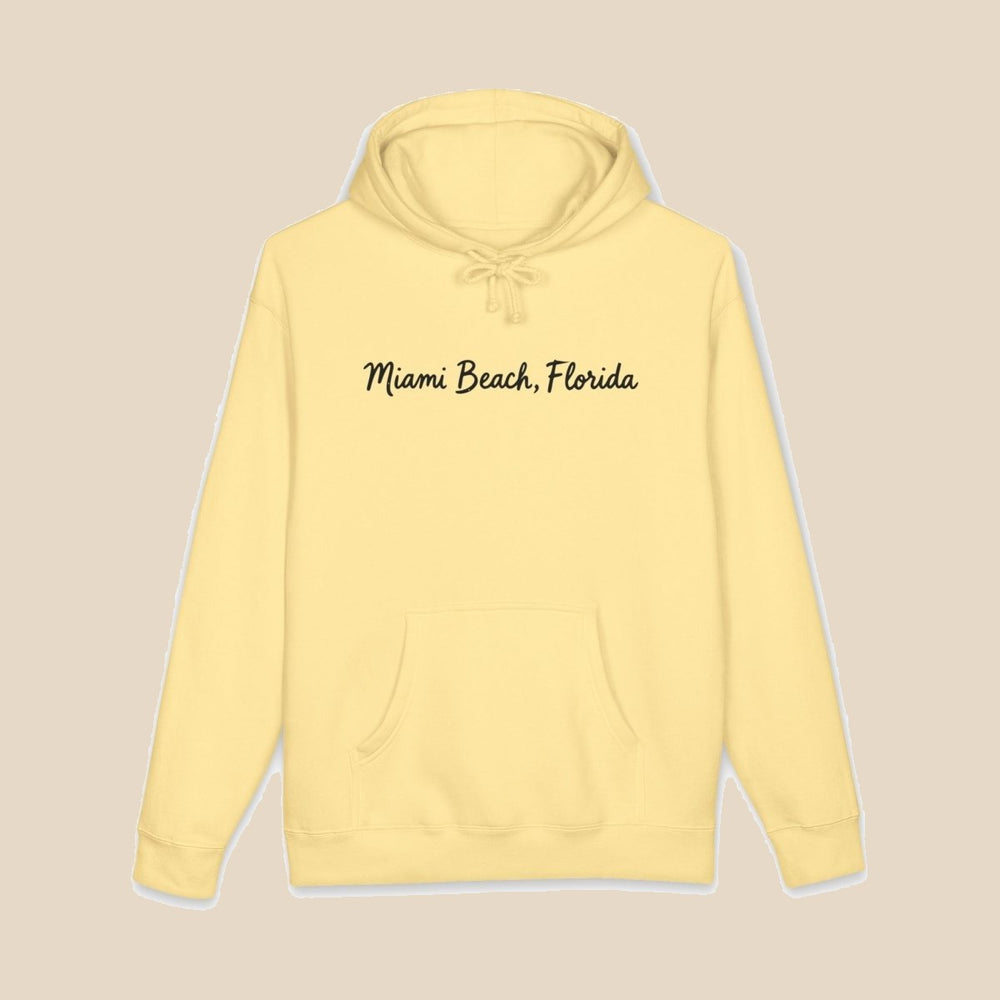 Miami Beach Palm Tree hoodie flat lay, view 6 — coastal sunset graphic pullover by Five Tides Apparel