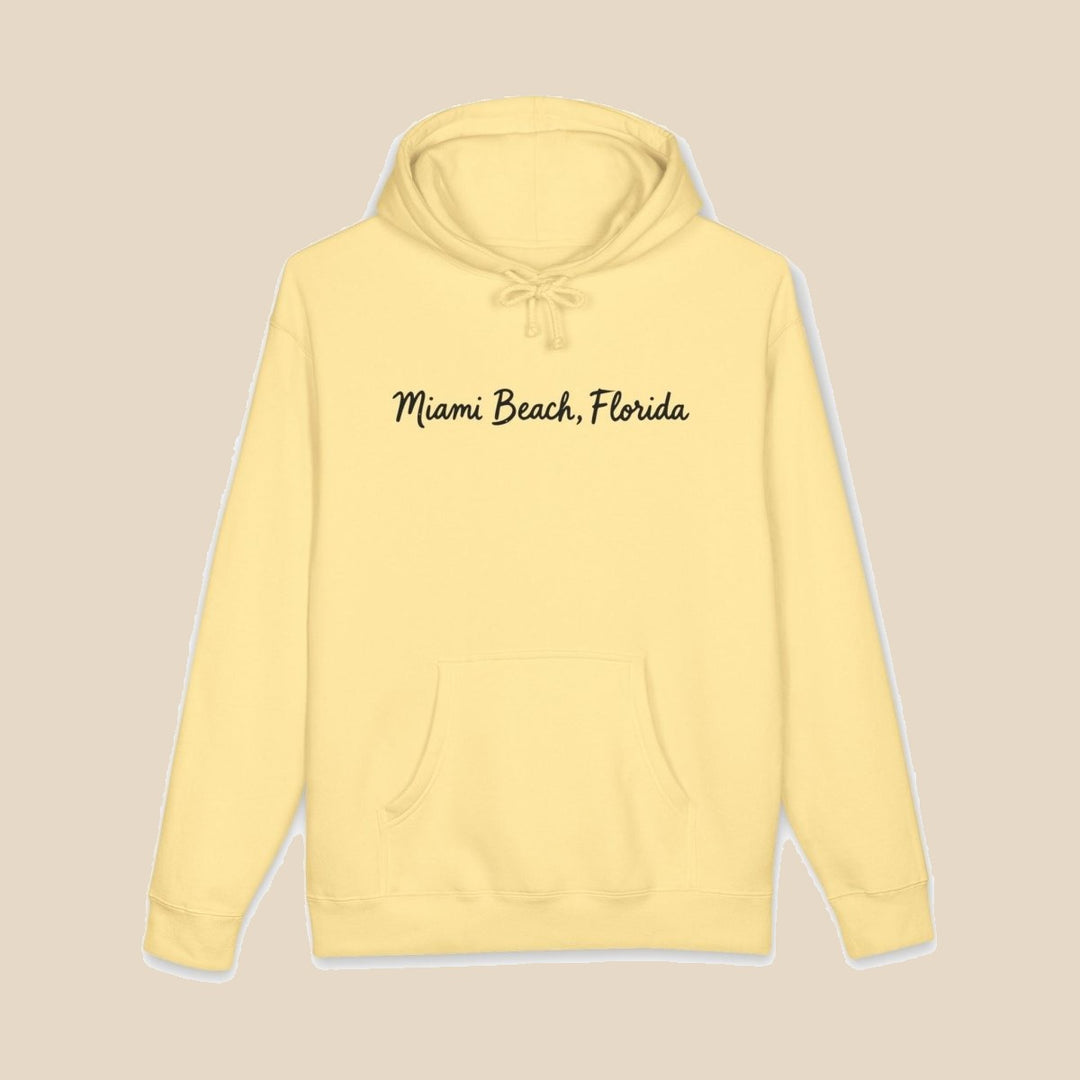 Miami Beach Palm Tree hoodie flat lay, view 6 — coastal sunset graphic pullover by Five Tides Apparel