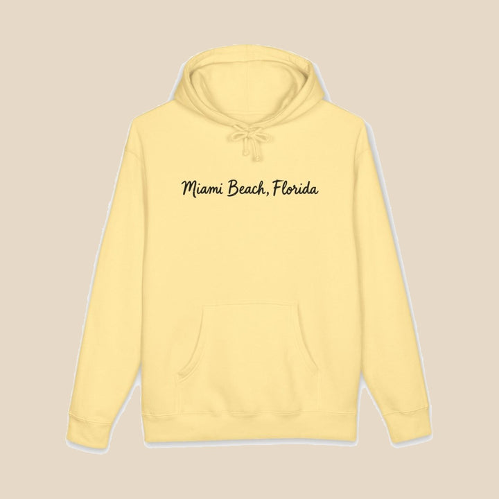 Miami Beach Palm Tree hoodie flat lay, view 6 — coastal sunset graphic pullover by Five Tides Apparel