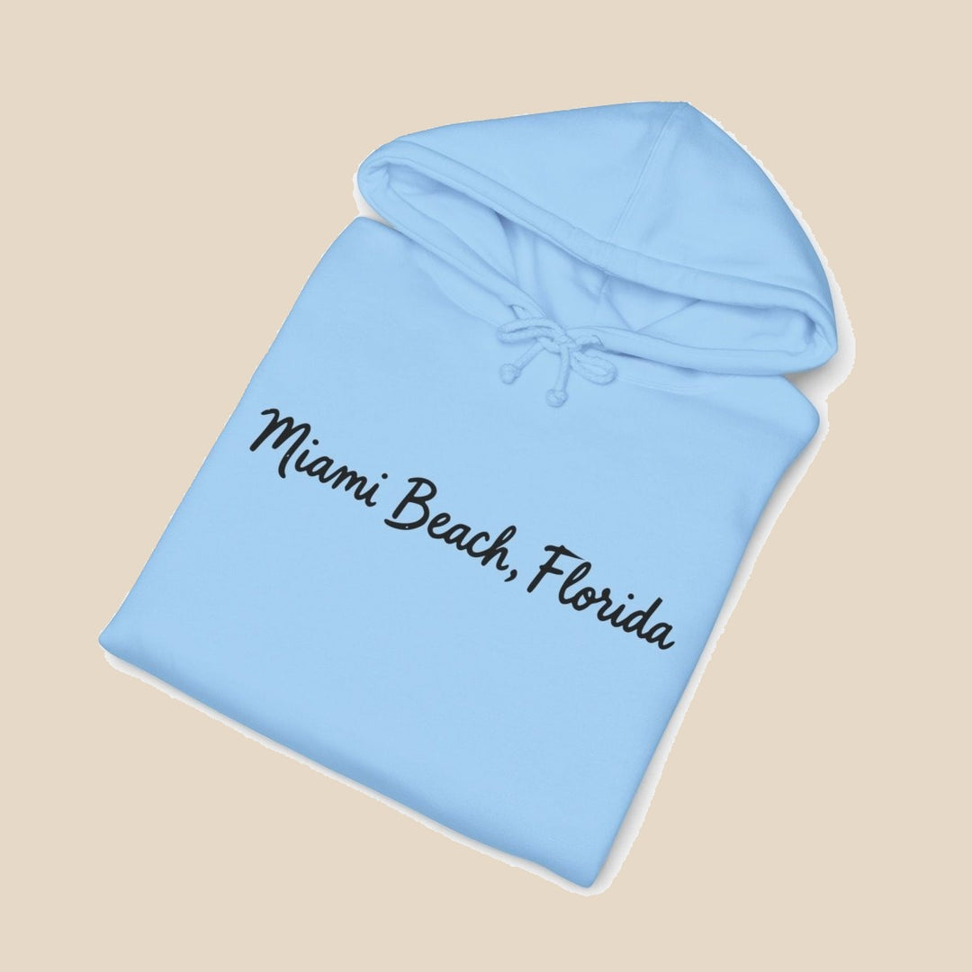 Miami Beach Palm Tree hoodie flat lay, view 8 — coastal sunset graphic pullover by Five Tides Apparel