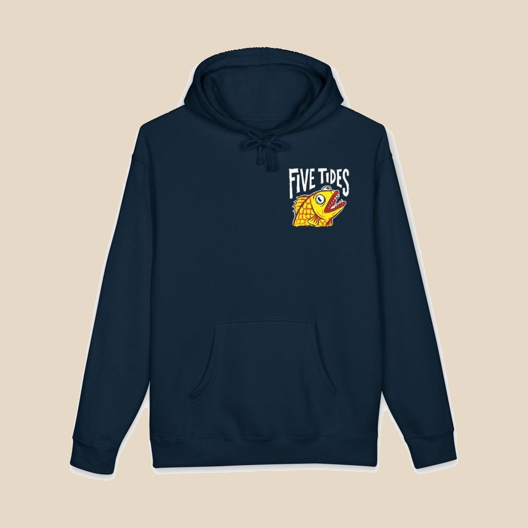 Five Tides fish black hoodie front flat lay — nautical graphic pullover by Five Tides Apparel