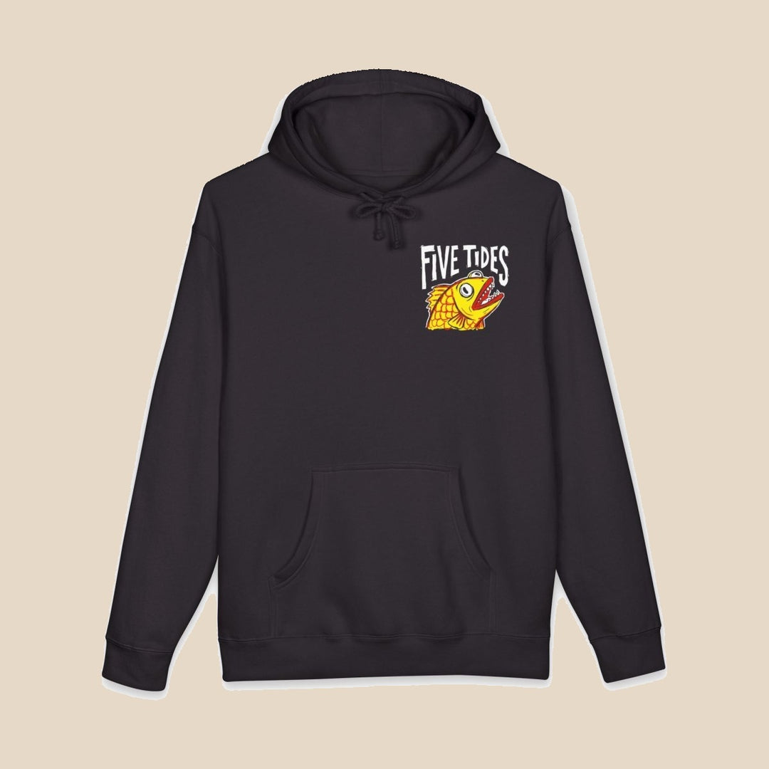 Five Tides fish black hoodie close-up of fish chest graphic — nautical graphic pullover by Five Tides Apparel