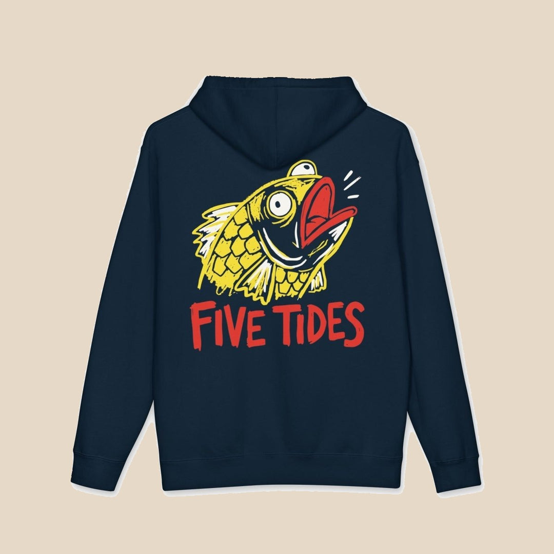 Five Tides fish black hoodie back view — nautical graphic pullover by Five Tides Apparel