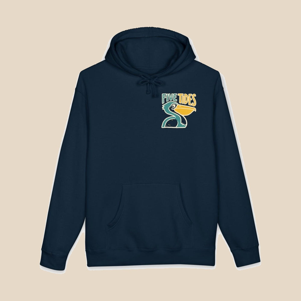 Low Tide Vibe pelican hoodie flat lay, view 1 — coastal graphic pullover by Five Tides Apparel