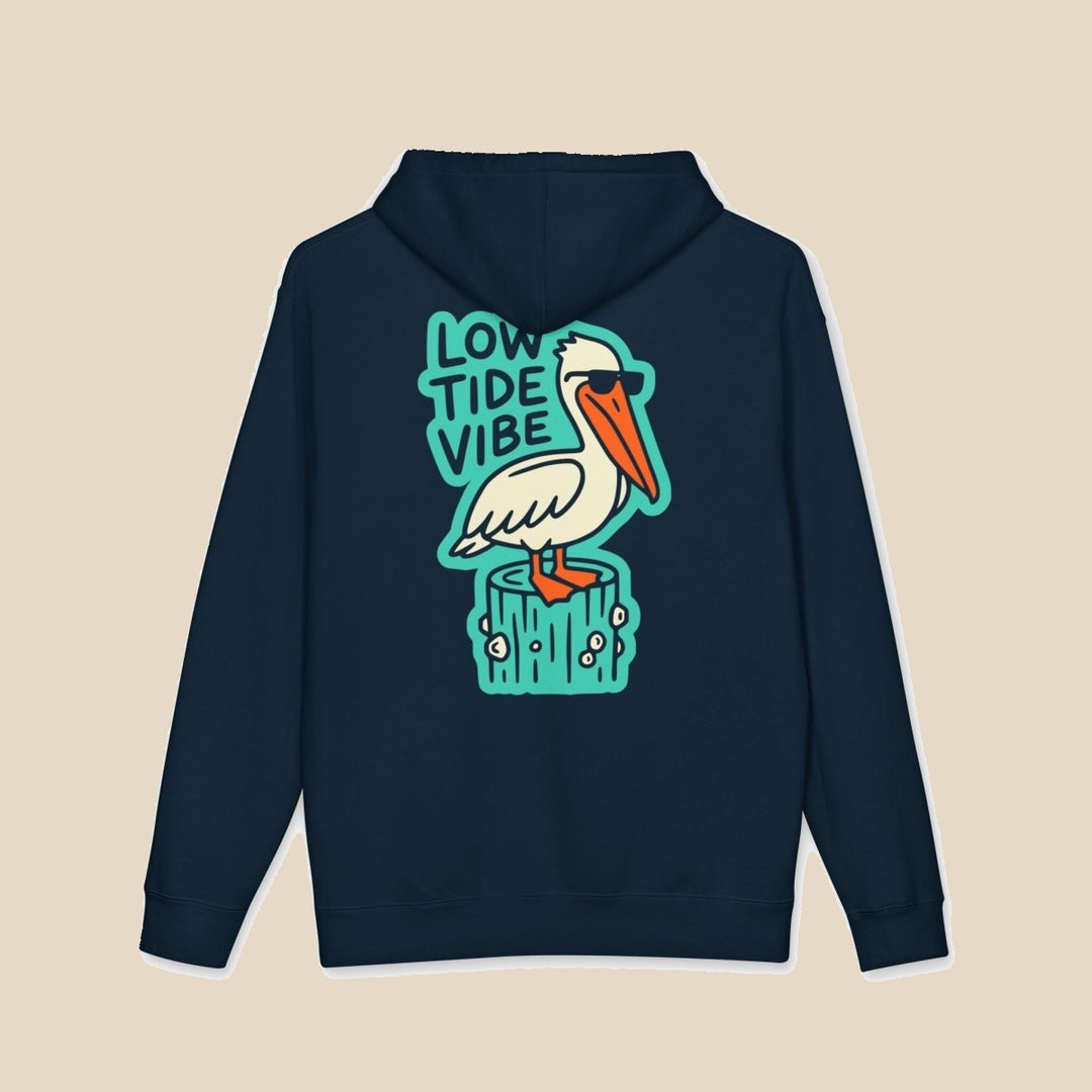 Low Tide Vibe pelican hoodie flat lay, view 3 — coastal graphic pullover by Five Tides Apparel