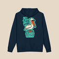 Low Tide Vibe pelican hoodie flat lay, view 3 — coastal graphic pullover by Five Tides Apparel