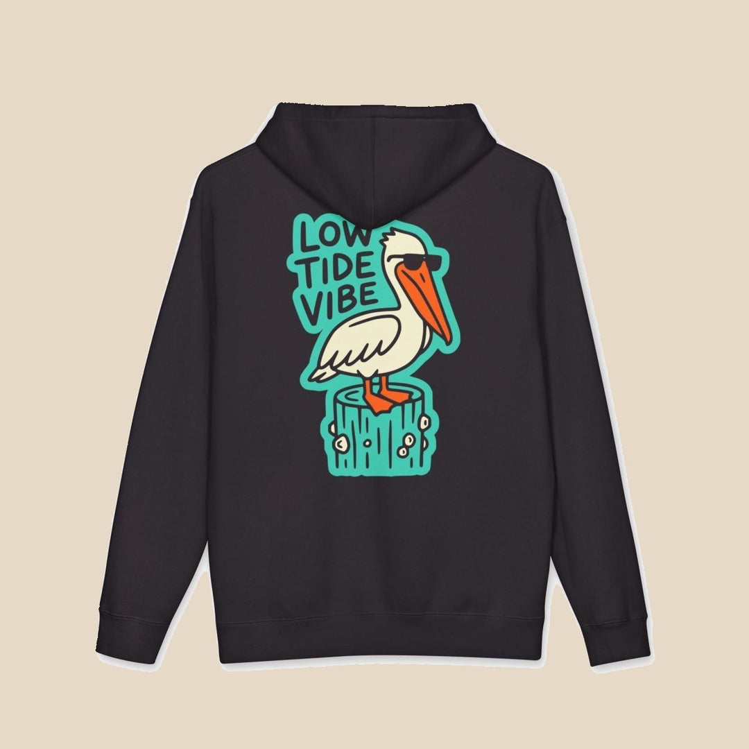 Low Tide Vibe pelican hoodie flat lay, view 7 — coastal graphic pullover by Five Tides Apparel