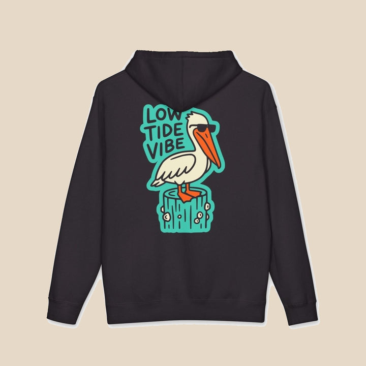 Low Tide Vibe pelican hoodie flat lay, view 7 — coastal graphic pullover by Five Tides Apparel