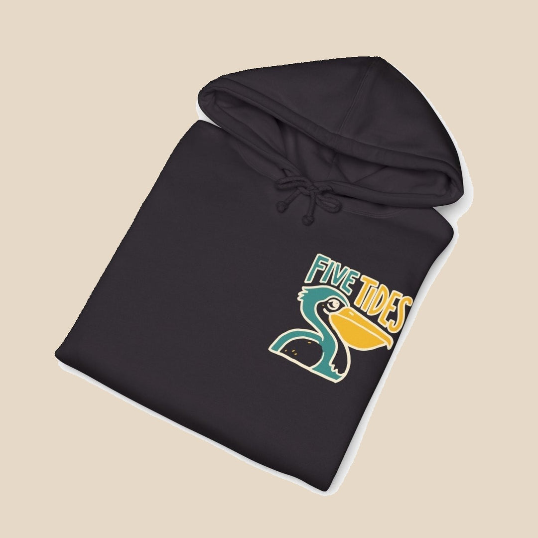 Low Tide Vibe pelican hoodie flat lay, view 8 — coastal graphic pullover by Five Tides Apparel