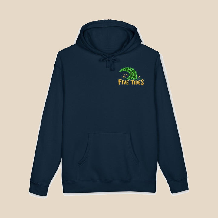 Low Tide black hoodie front flat lay with Five Tides crest — nautical graphic pullover by Five Tides Apparel
