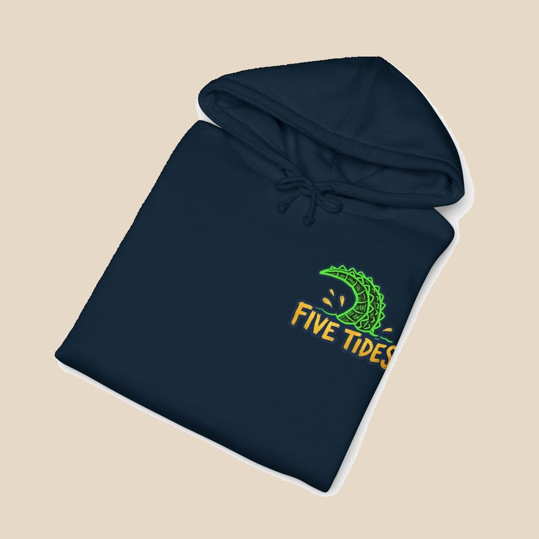 Low Tide black hoodie hood detail — nautical graphic pullover by Five Tides Apparel