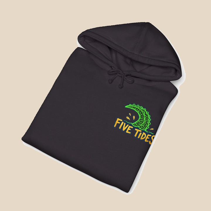 Low Tide navy hoodie close-up of front crest — nautical graphic pullover by Five Tides Apparel