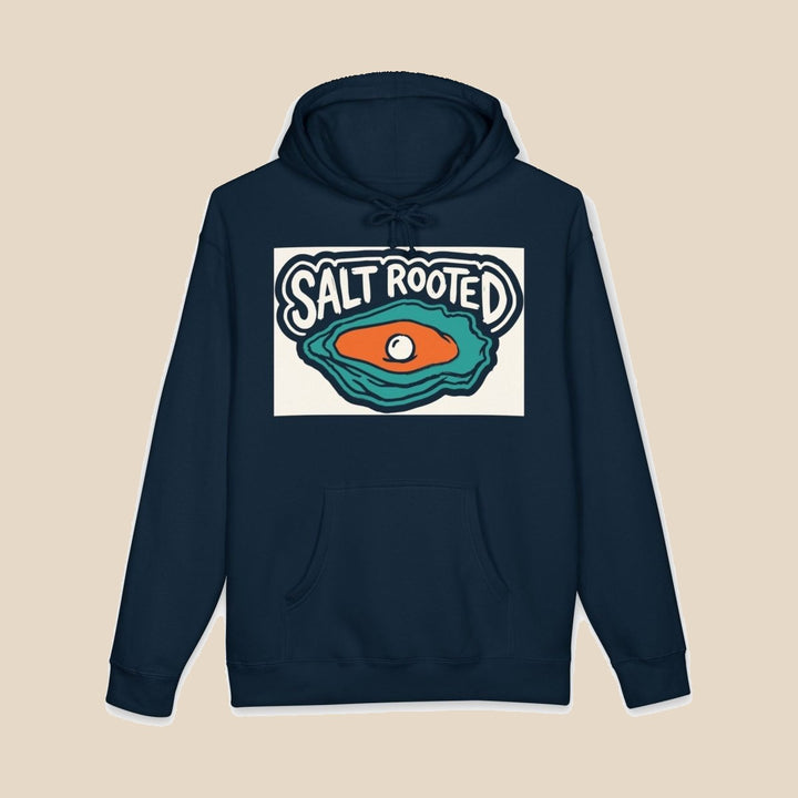Salt Rooted Oyster black and navy hoodie — front view of this garment-dyed coastal graphic pullover by Five Tides Apparel