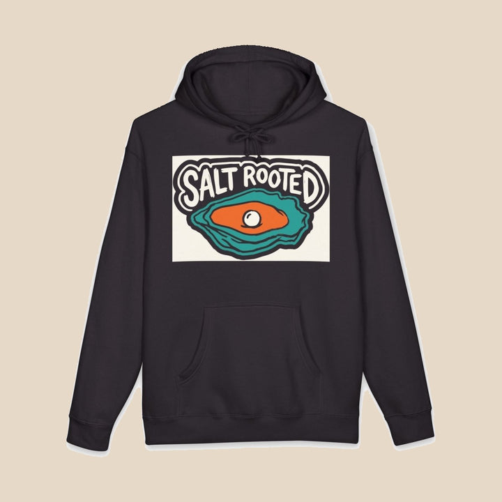 Salt Rooted Oyster hoodie — graphic close-up of this coastal graphic pullover by Five Tides Apparel