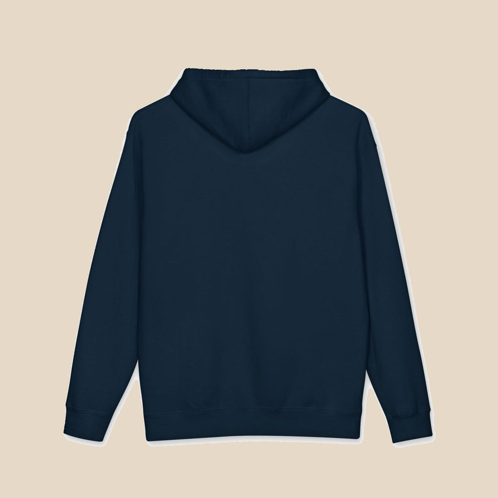 Salt Rooted Oyster black and navy hoodie — back view of this garment-dyed coastal graphic pullover by Five Tides Apparel