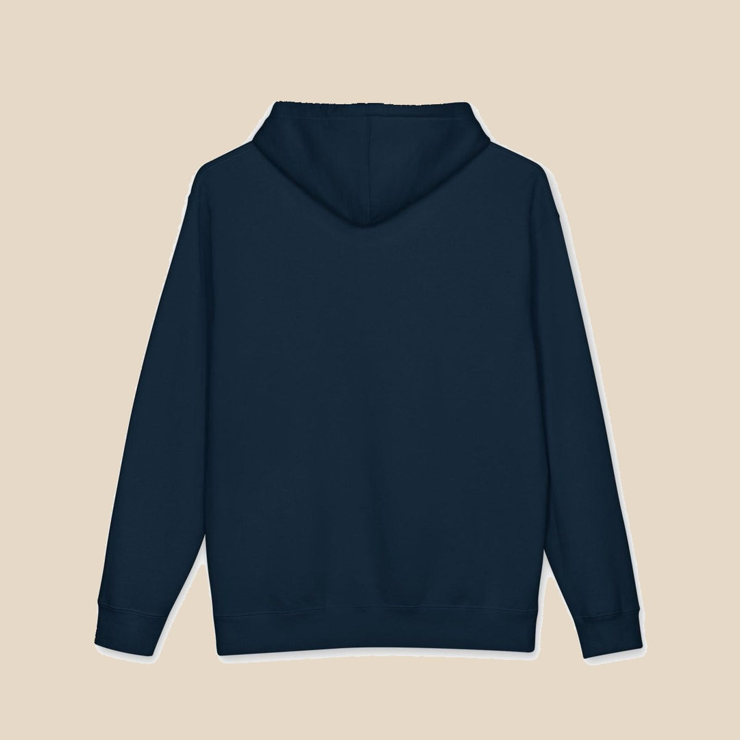 Salt Rooted Oyster black and navy hoodie — back view of this garment-dyed coastal graphic pullover by Five Tides Apparel
