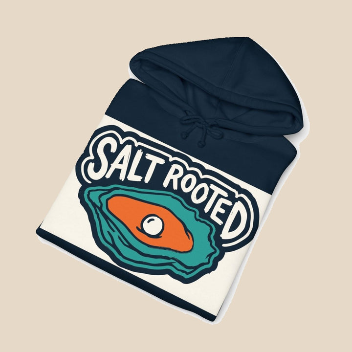 Salt Rooted Oyster black and navy hoodie — detail shot of this garment-dyed coastal graphic pullover by Five Tides Apparel