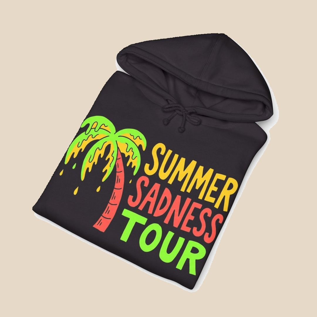 Summer Sadness Tour hoodie — neon palm and flamingo graphic pullover by Five Tides Apparel, view 8 of 10