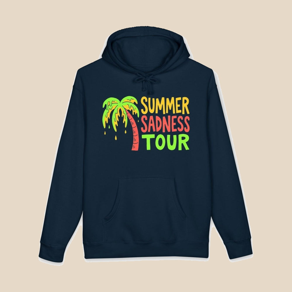 Summer Sadness Tour hoodie flat lay, view 1 — neon palm and melting ice cream graphic pullover by Five Tides Apparel