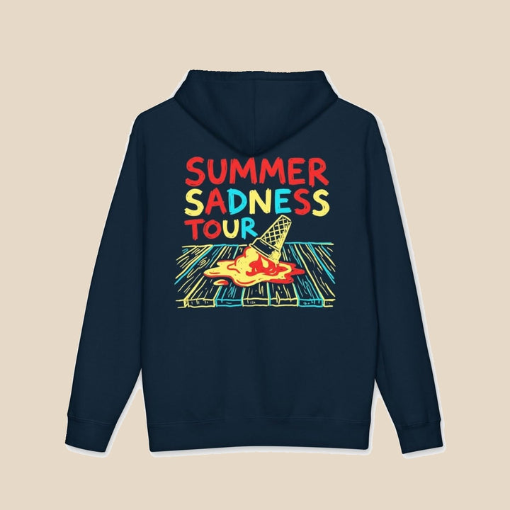 Summer Sadness Tour hoodie flat lay, view 3 — neon palm and melting ice cream graphic pullover by Five Tides Apparel