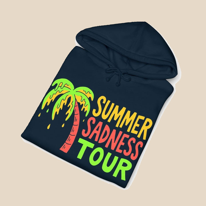 Summer Sadness Tour hoodie flat lay, view 4 — neon palm and melting ice cream graphic pullover by Five Tides Apparel