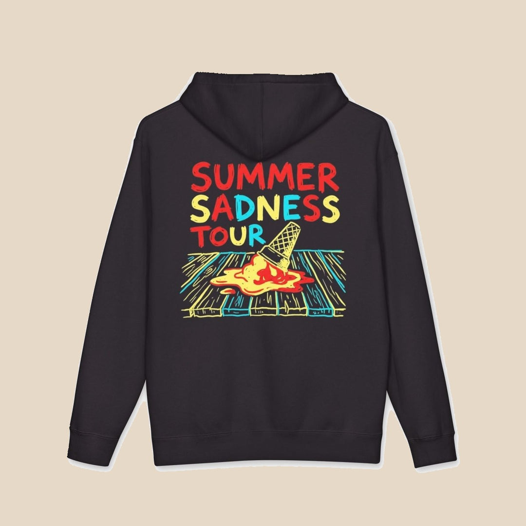Summer Sadness Tour hoodie flat lay, view 7 — neon palm and melting ice cream graphic pullover by Five Tides Apparel