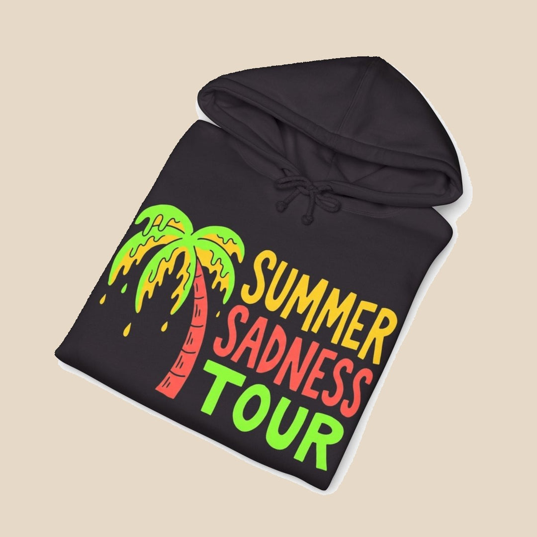 Summer Sadness Tour hoodie flat lay, view 8 — neon palm and melting ice cream graphic pullover by Five Tides Apparel