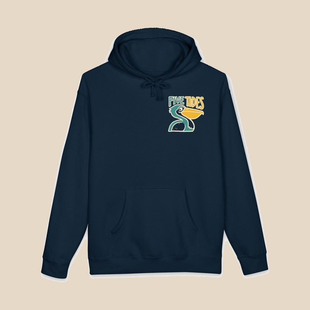 Low Tide Vibe pelican black hoodie chest print front flat lay — coastal graphic pullover by Five Tides Apparel