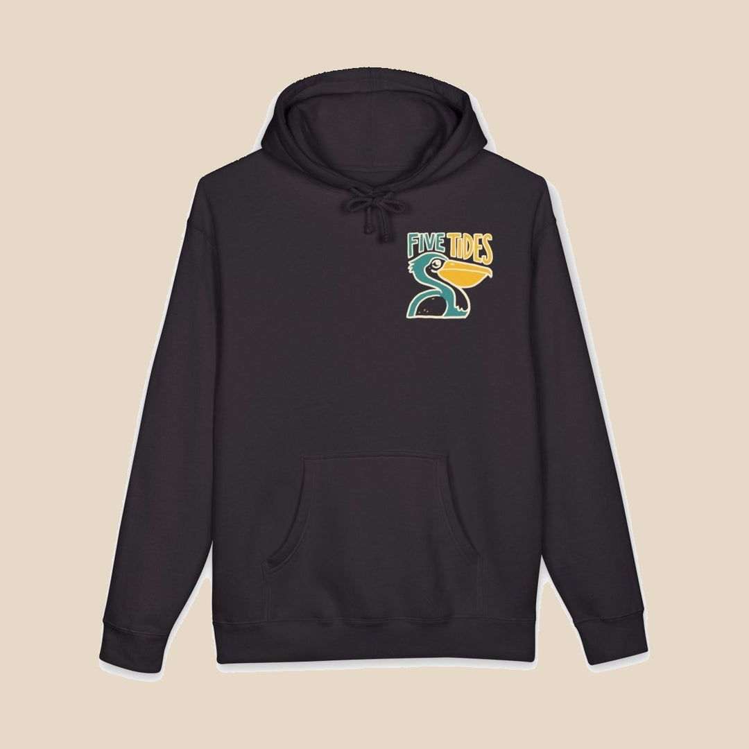 Low Tide Vibe pelican black hoodie back view of pelican graphic — coastal graphic pullover by Five Tides Apparel