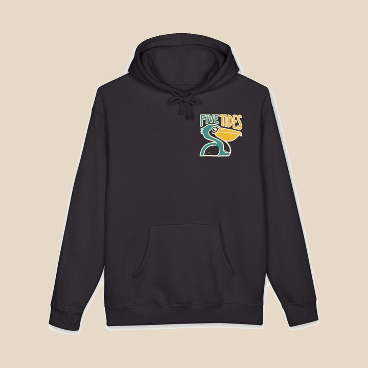 Low Tide Vibe pelican black hoodie back view of pelican graphic — coastal graphic pullover by Five Tides Apparel
