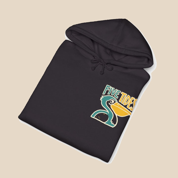 Low Tide Vibe pelican navy hoodie close-up of chest print — coastal graphic pullover by Five Tides Apparel