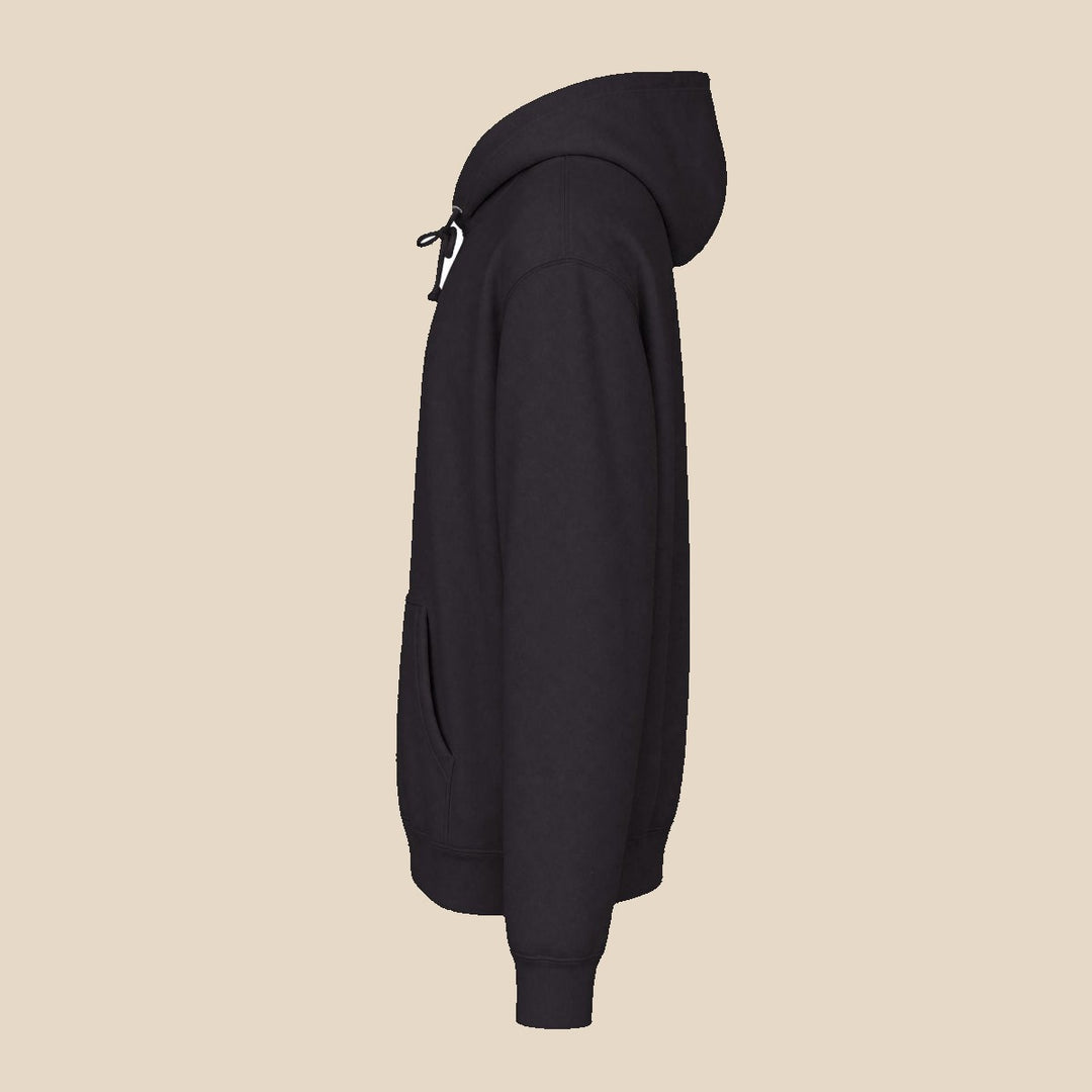 Low Tide Vibe pelican navy hoodie hood detail — coastal graphic pullover by Five Tides Apparel