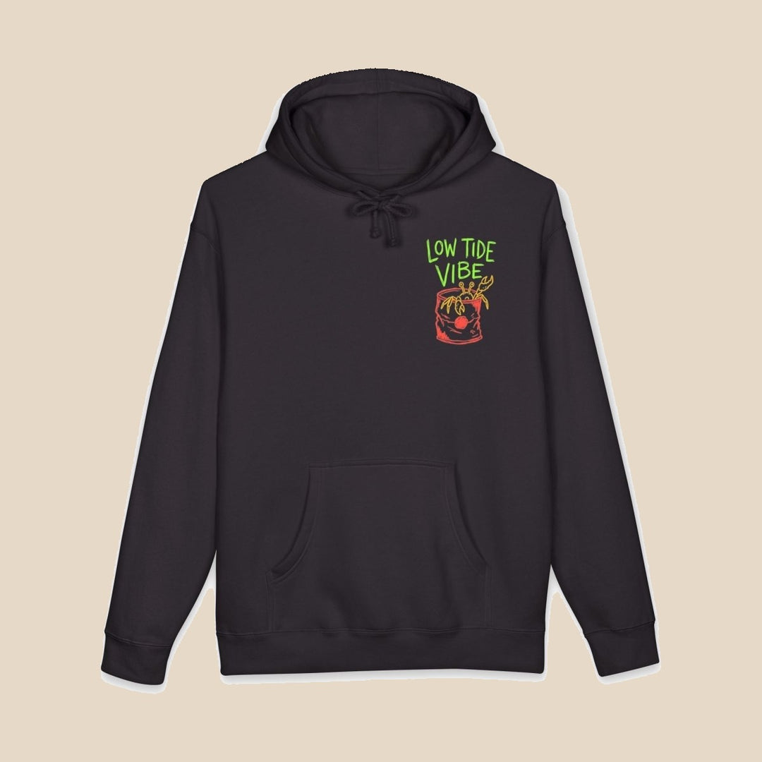 Low Tide Vibe Neon Anchor hoodie — graphic close-up of this coastal graphic pullover by Five Tides Apparel