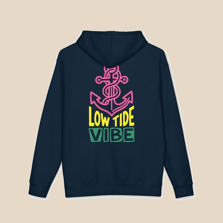 Low Tide Vibe Neon Anchor hoodie — back view of this coastal graphic pullover by Five Tides Apparel