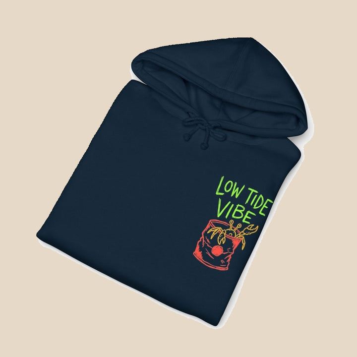 Low Tide Vibe Neon Anchor hoodie — detail shot of this coastal graphic pullover by Five Tides Apparel