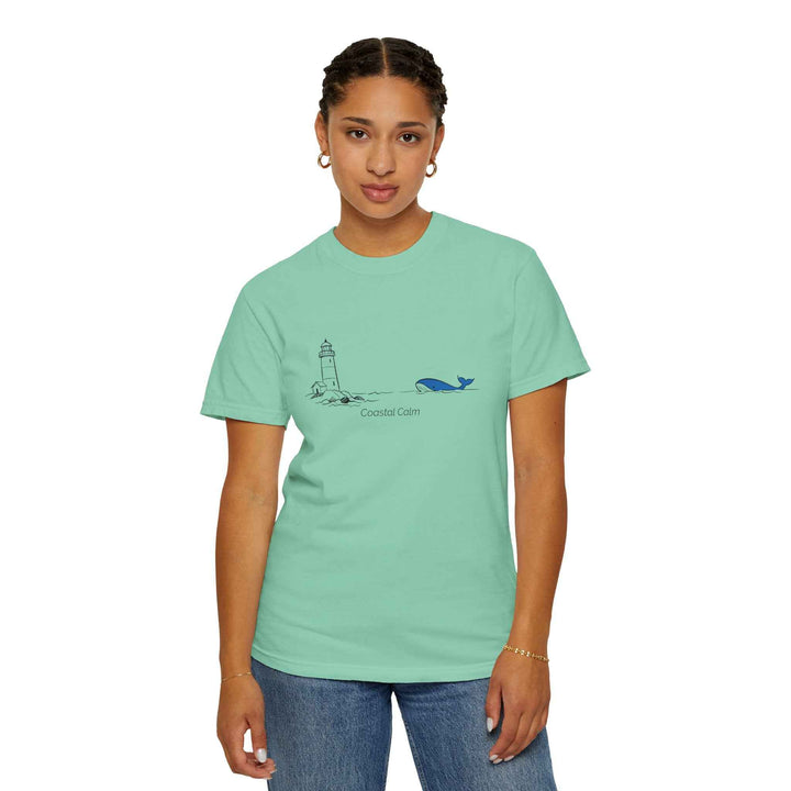 Lighthouse &amp; Whale T-Shirt — Coastal Nautical Tee ("Coastal Soul") Cotton Summer Tee