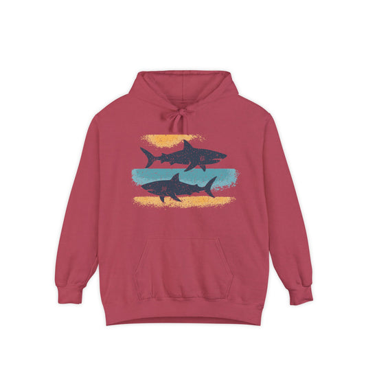 Shark Graphic Hoodie | Beach Vibe Pullover | Unisex Garment-Dyed Sweatshirt | Casual Beachwear | Perfect Gift for Ocean Lovers, Summer Style