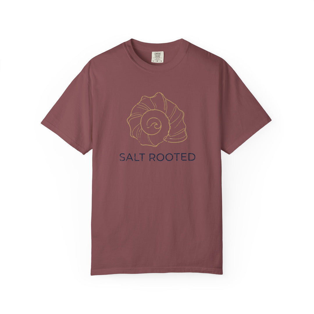 Maroon t-shirt with text on a white background