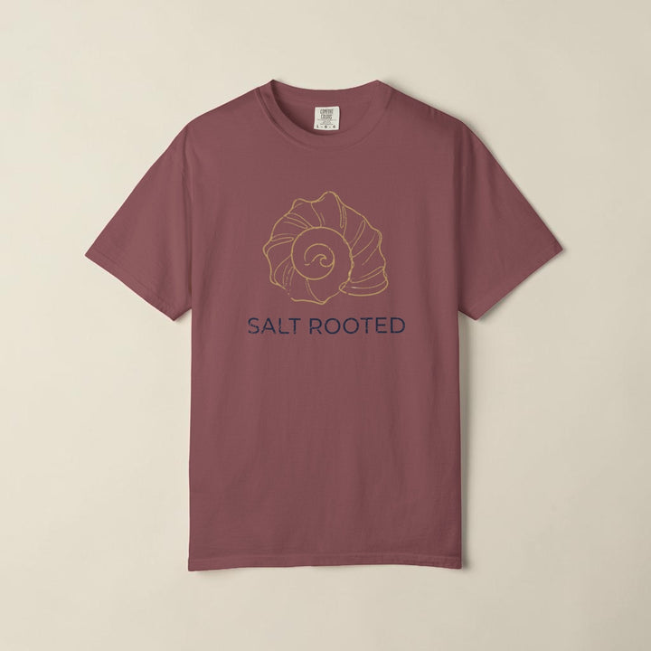 Maroon t-shirt with text on a white background